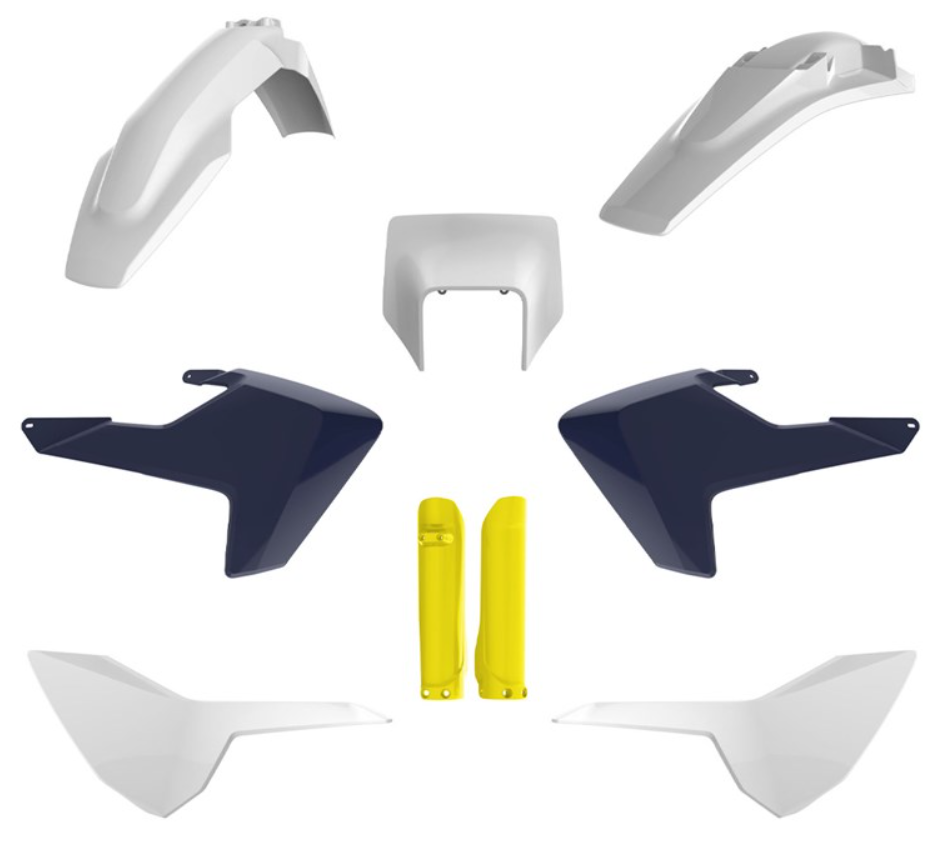 BOX KIT INC FORK GUARDS HUSQVARNA TE150-300, FE250-501 17-19, OEM 17-18. CLICK FOR COLOUR OPTIONS.